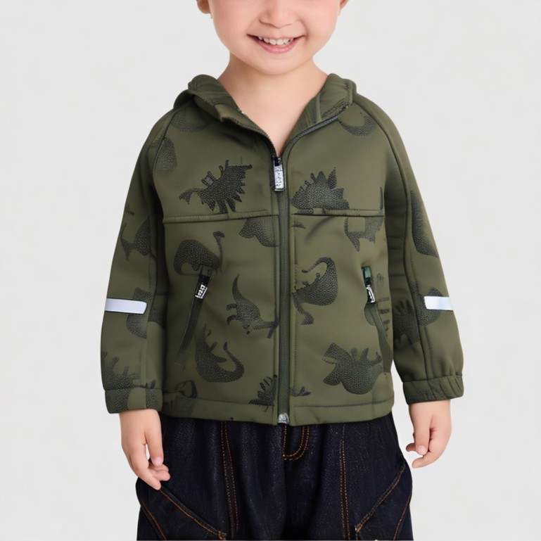 Boys' dinosaur hooded softshell jacket
