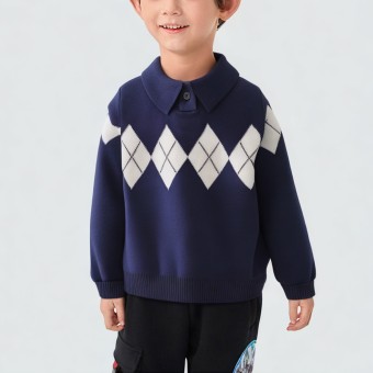 Diamond jacquard knit sweater with a lapel collar