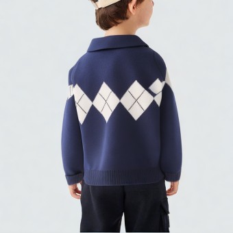 Diamond jacquard knit sweater with a lapel collar