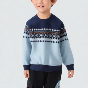 Geometric pattern thickened crew neck knitted sweater