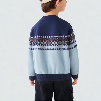 Geometric pattern thickened crew neck knitted sweater