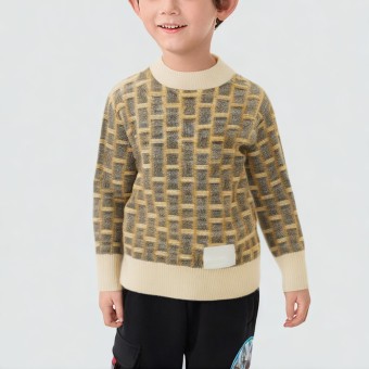 Autumn checkered color-block knitted sweater for boys