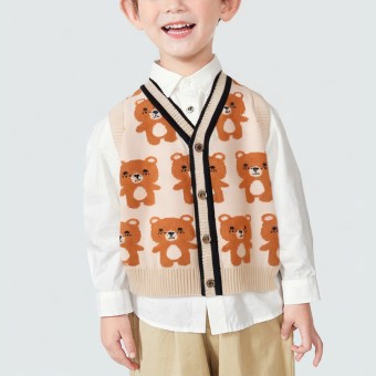 Cartoon bear jacquard V-neck knitted vest cardigan
