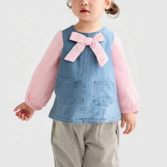 Denim patchwork long jacket with puff sleeves