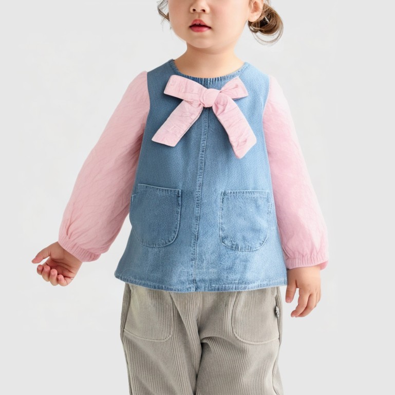 Denim patchwork long jacket with puff sleeves