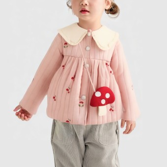 Girls' winter thickened cotton coat with mushroom embroidery