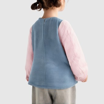 Denim patchwork long jacket with puff sleeves