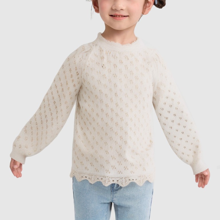 Puff-sleeved knitted sweater for baby girls