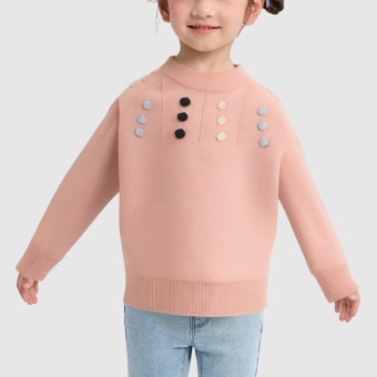 Girls' three-color pom-pom round neck knitted sweater