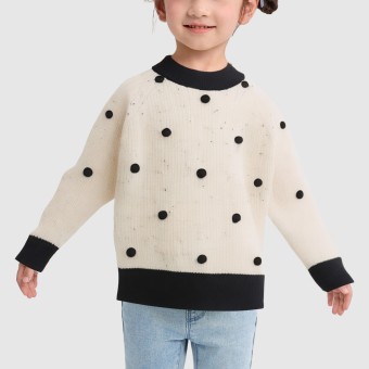 Knitted sweater decorated with colorful pom-poms