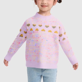 Knitted sweater embellished with colorful heart-shaped patterns