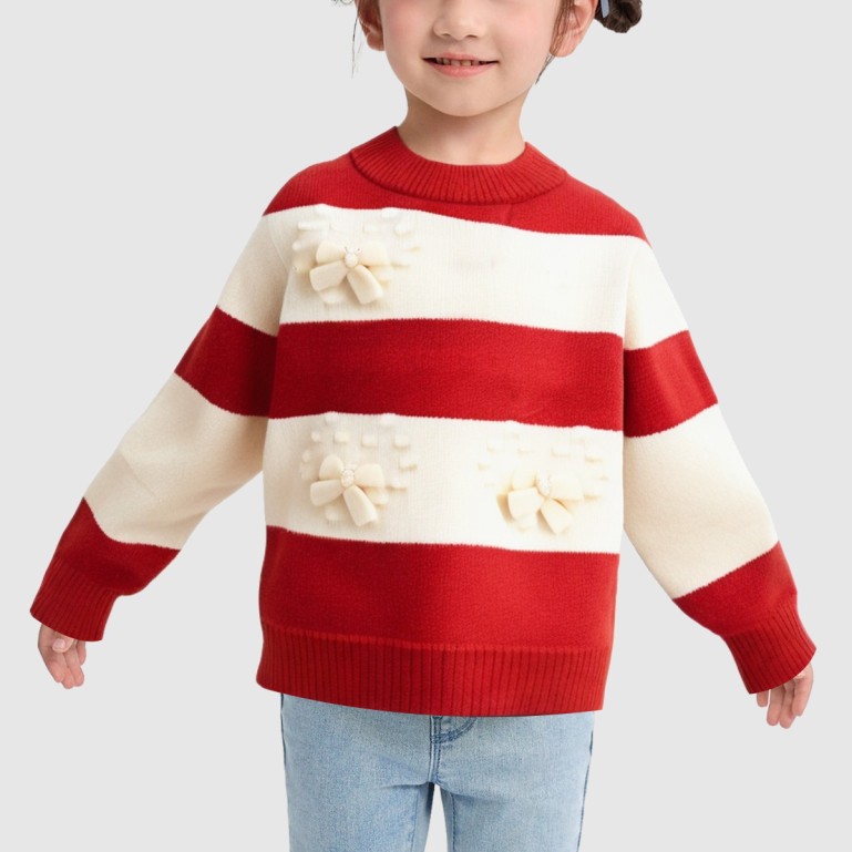 Striped bow-decorated pullover knitted sweater
