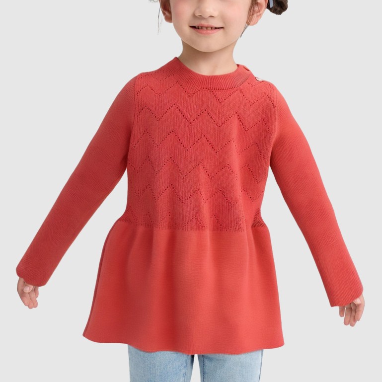 Orange long-sleeved cotton knit dress for girls
