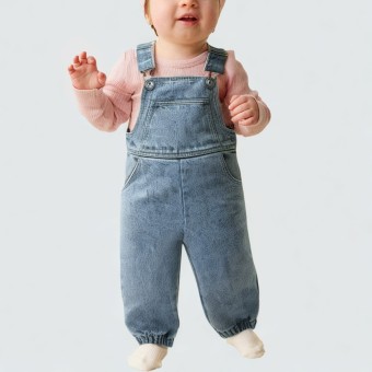 Blue denim snap-button one-piece work suit