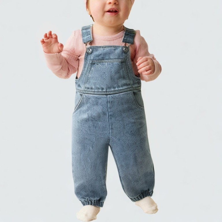 Blue denim snap-button one-piece work suit