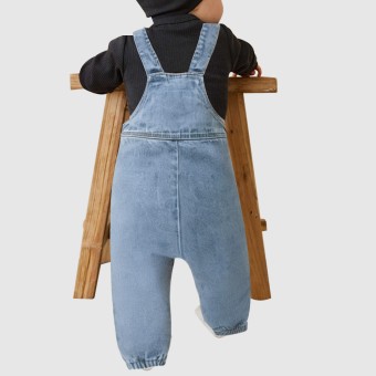 Blue denim snap-button one-piece work suit